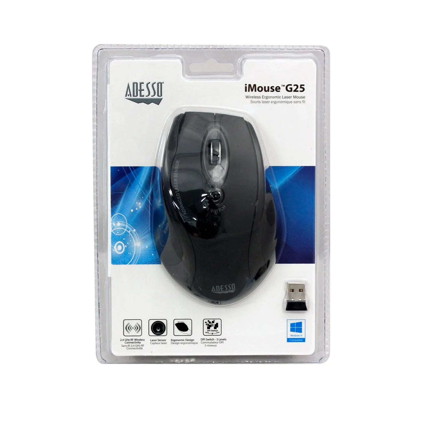 Adesso - Mouse Laser Wireless Ergonomic G25 6 Button up to 1600dpi PC/Mac - Black