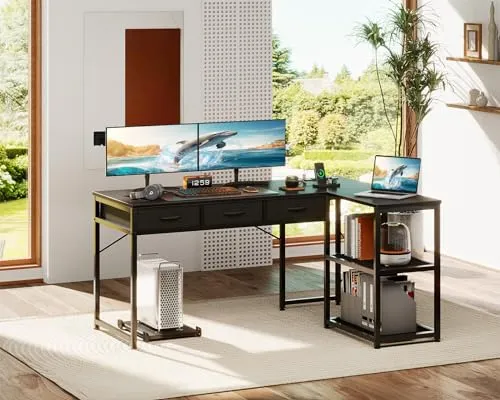 AODK 53 Inch L Shaped Computer Desk with Drawers, Corner Desk with Power Outlets & Reversible Storage Shelves, Movable CPU Stand for Home Office Gaming, Black