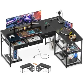 AODK 53 Inch L Shaped Computer Desk with Drawers, Corner Desk with Power Outlets & Reversible Storage Shelves, Movable CPU Stand for Home Office Gaming, Black