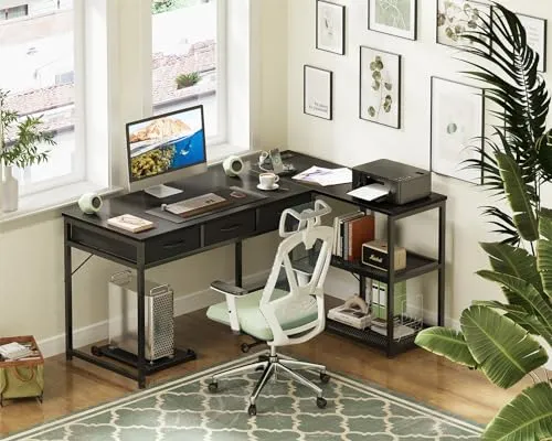 AODK 53 Inch L Shaped Computer Desk with Drawers, Corner Desk with Power Outlets & Reversible Storage Shelves, Movable CPU Stand for Home Office Gaming, Black
