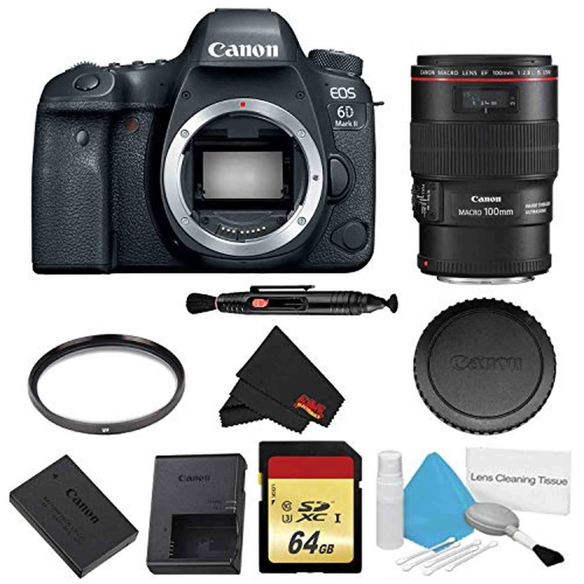 Canon EOS 6D Mark II DSLR Camera (Body Only) Basic Filter w/Memory Bundle   Bonus EF 100mm f/2.8L Macro is USM Lens - In
