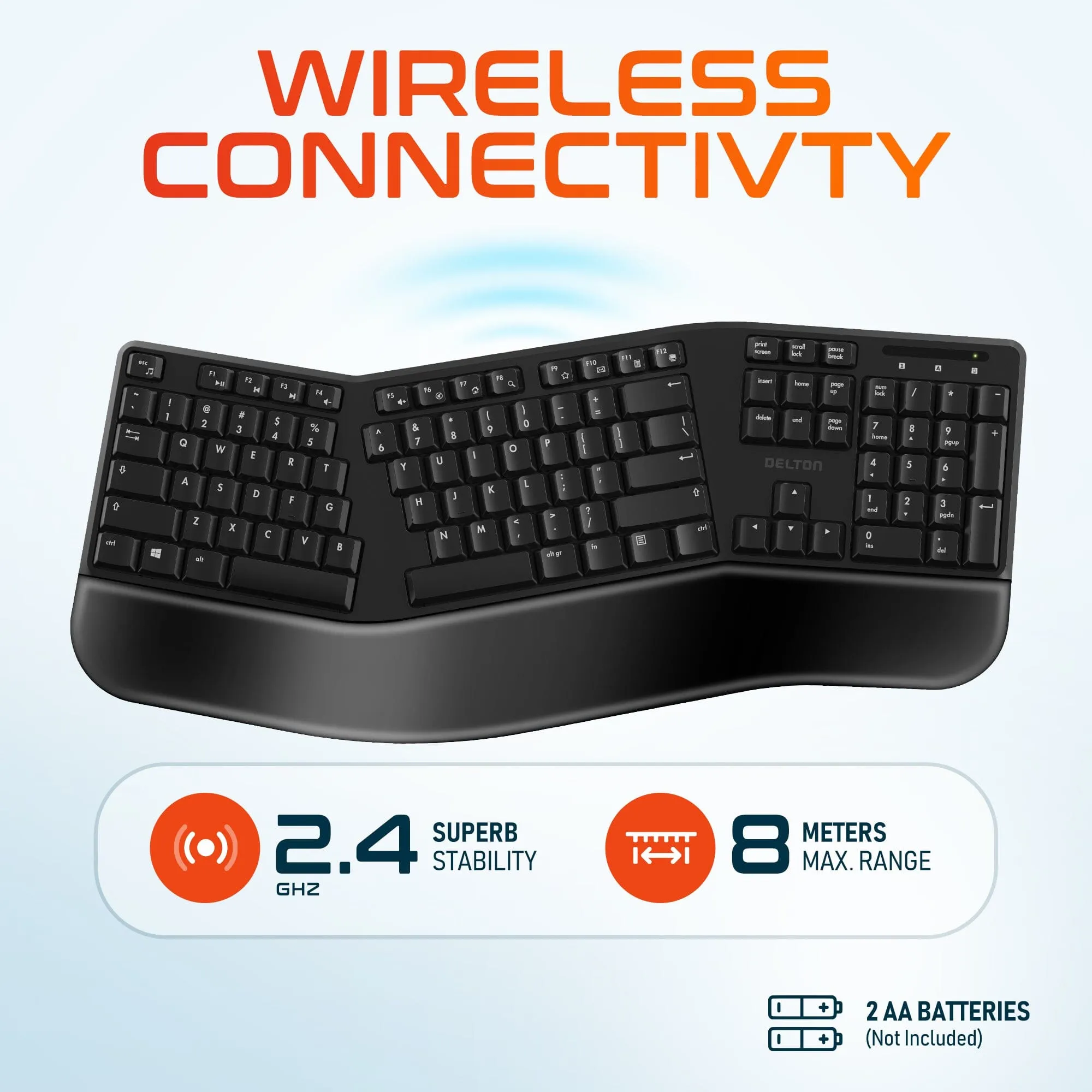 Delton KB200 Wireless Ergonomic Computer Keyboard, Full-Size Keyboard