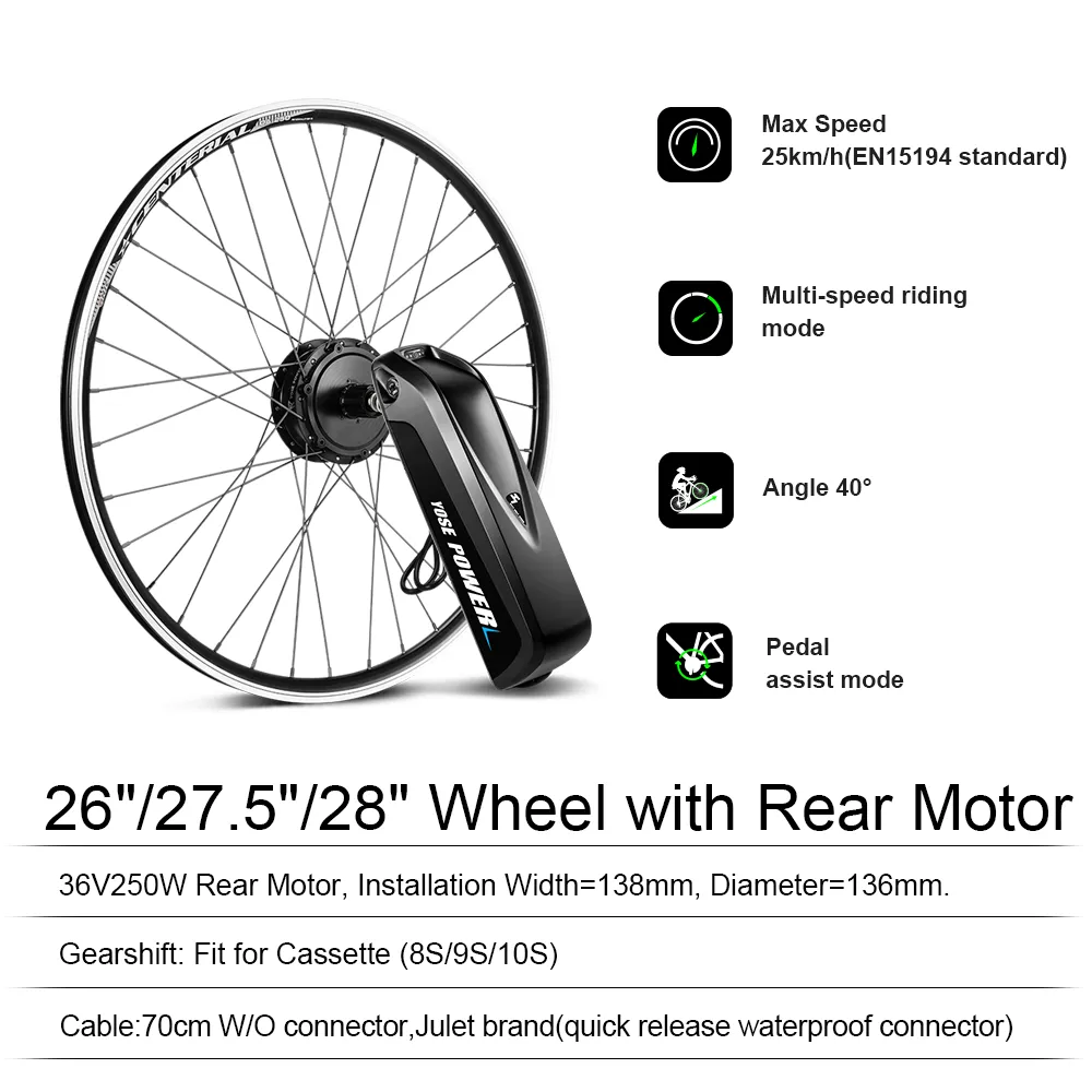 E-Bike Conversion Kit 36V 250W 26"/27.5"/28" (700C) Rear Motor Kit for Cassette with 36V 13Ah Battery and Charger
