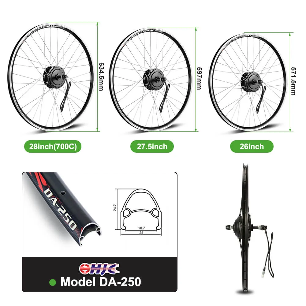 E-Bike Conversion Kit 36V 250W 26"/28" (700C) Rear Motor Kit for Freewheel with 36V 13Ah Battery and Charger