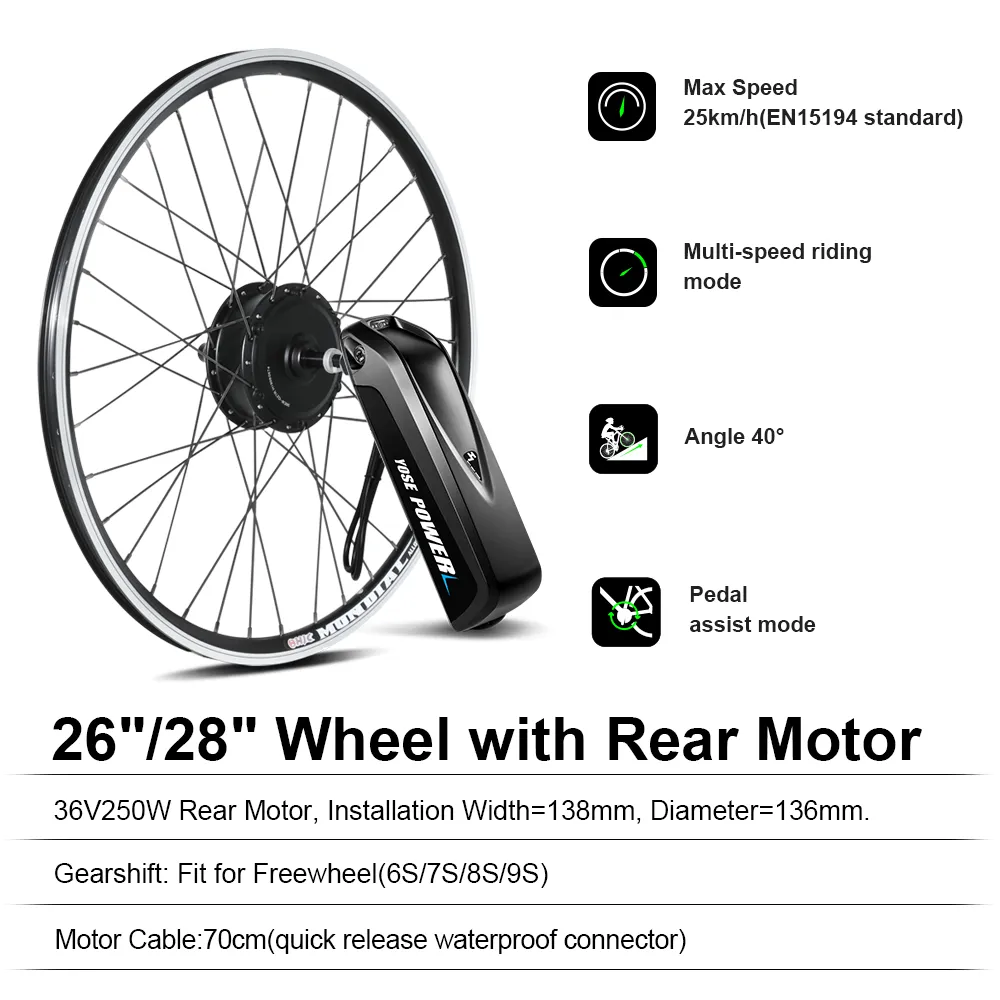 E-Bike Conversion Kit 36V 250W 26"/28" (700C) Rear Motor Kit for Freewheel with 36V 13Ah Battery and Charger