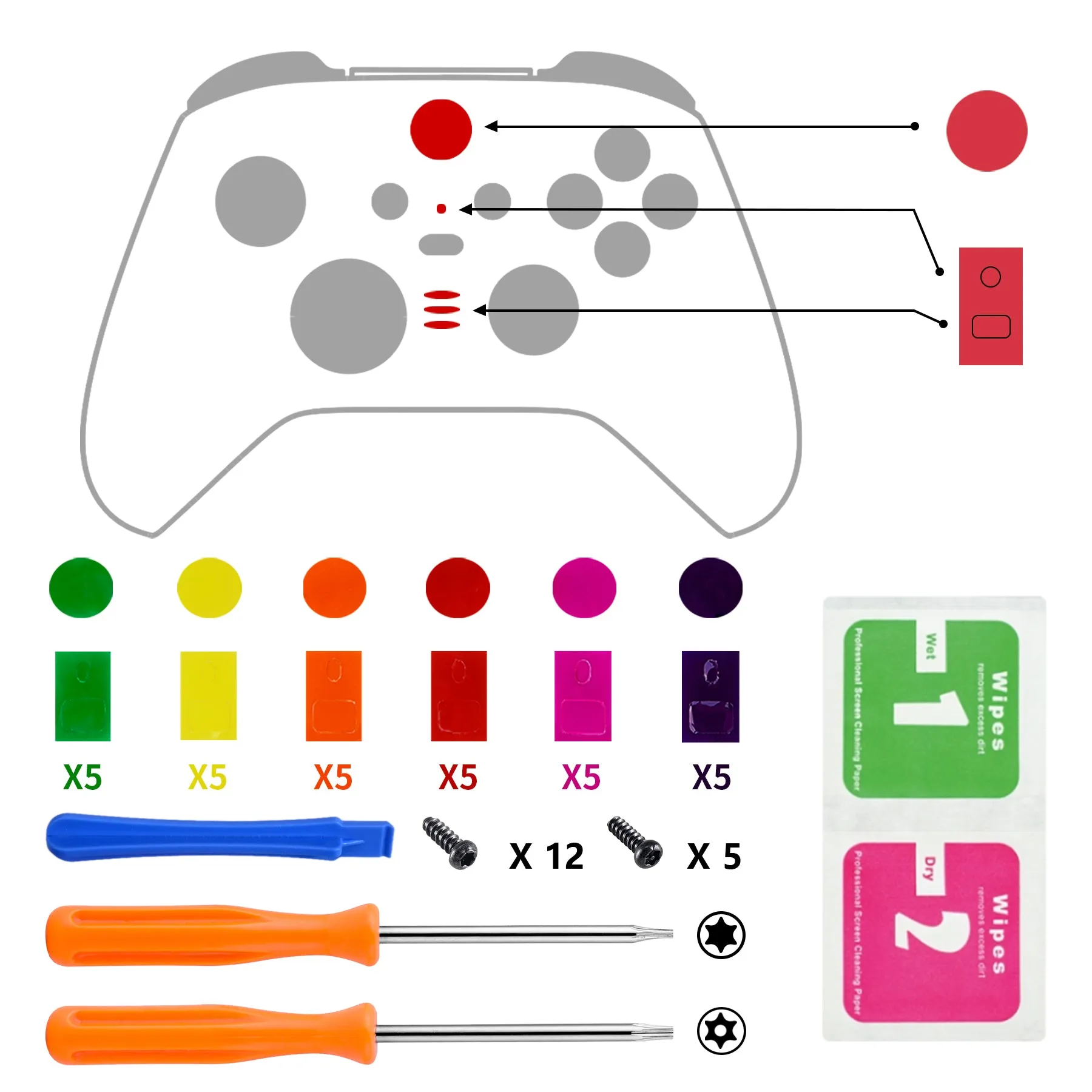 eXtremeRate Custom Home Guide Button LED Mod Stickers for Xbox One Elite Series 2 Controller with Tools Set, DIY Transparent Colorful Logo Sticker for Xbox One Elite V2 Controller - 30pcs in 6 Colors - MSXBM001