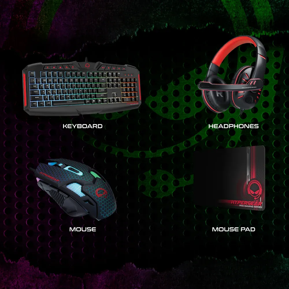 HYPERGEAR RED DRAGON GAMING KIT 4-IN-1 VALUE BUNDLE INCLUDES RGB KEYBOARD 2400DPI GAMING MOUSE GAMING HEADPHONE WITH NOISE CANCELLING MIC LARGE GAMING MOUSE PAD