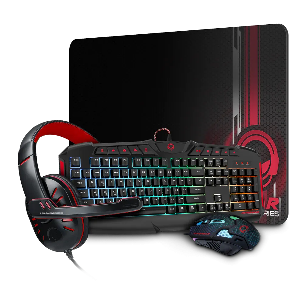 HYPERGEAR RED DRAGON GAMING KIT 4-IN-1 VALUE BUNDLE INCLUDES RGB KEYBOARD 2400DPI GAMING MOUSE GAMING HEADPHONE WITH NOISE CANCELLING MIC LARGE GAMING MOUSE PAD