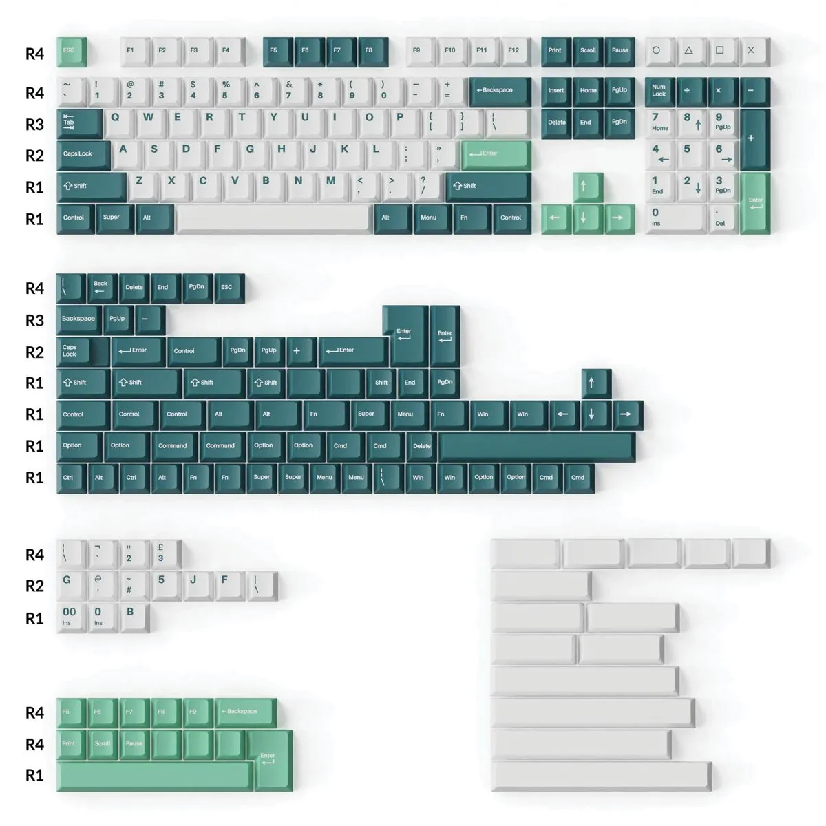 Keychron Cherry Profile Double-Shot PBT Full Set Keycaps (219 Keys) - Mint White and Green