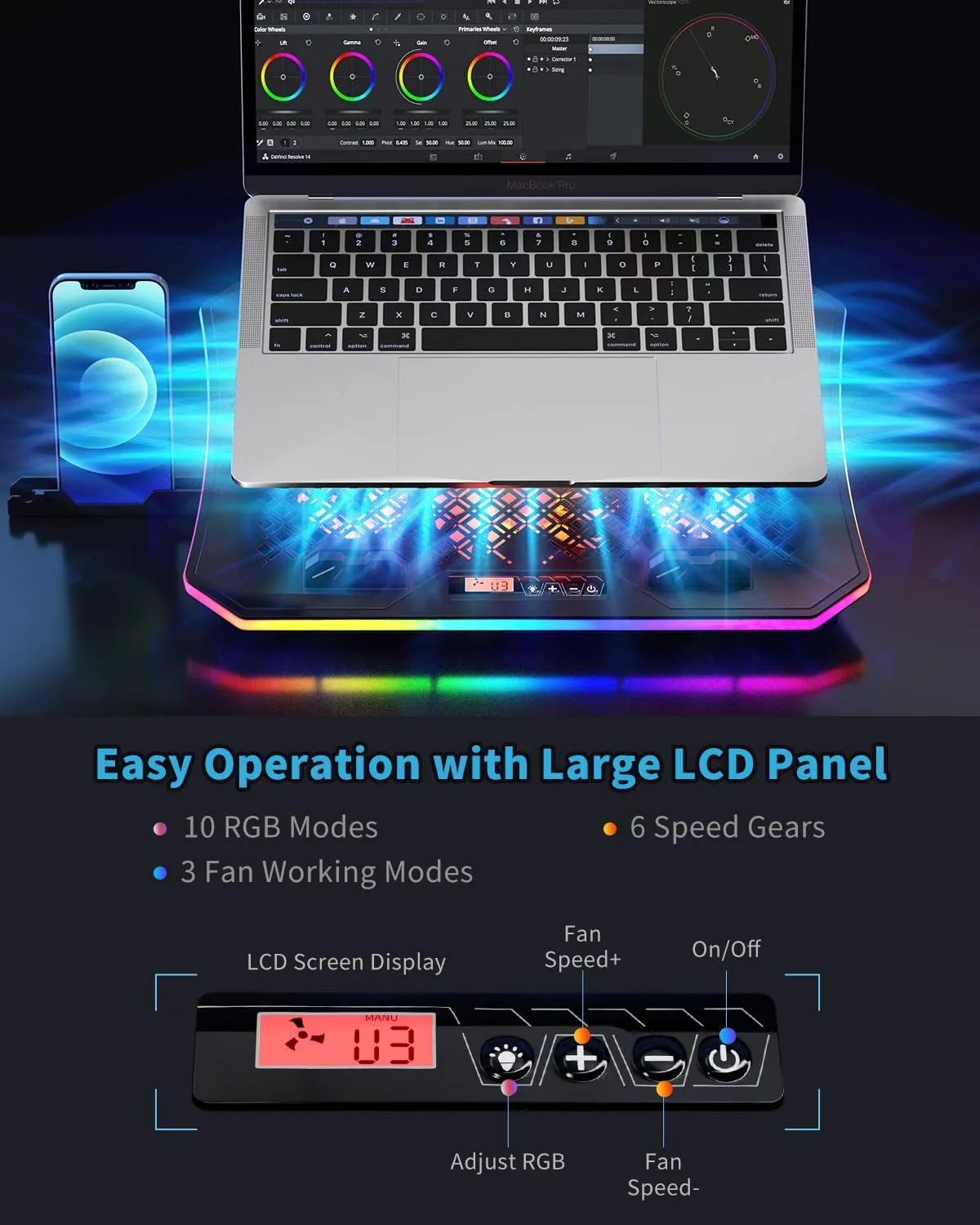Laptop Cooling Pad, Keibn RGB Lights Laptop Cooler 6 Fans for 15.6-17.3 Inch Laptops, 7 Height Stands, 10 Modes Light, 2 USB Ports, Desk or Lap Use (A8,Red)