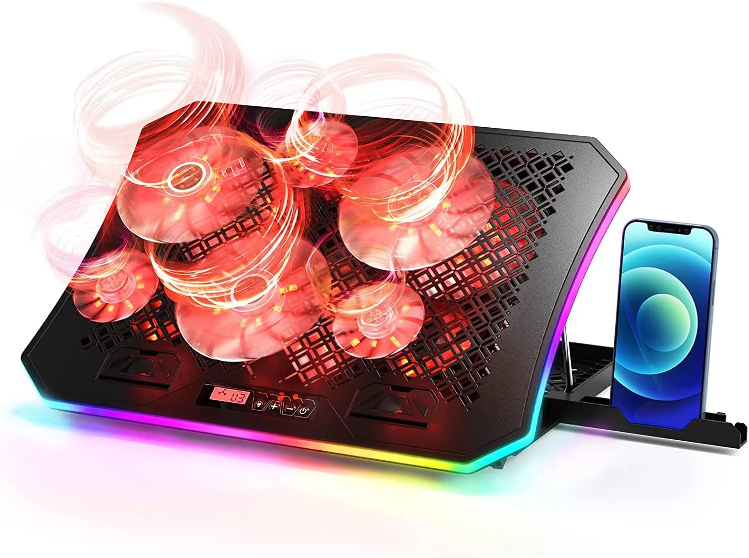 Laptop Cooling Pad, Keibn RGB Lights Laptop Cooler 6 Fans for 15.6-17.3 Inch Laptops, 7 Height Stands, 10 Modes Light, 2 USB Ports, Desk or Lap Use (A8,Red)