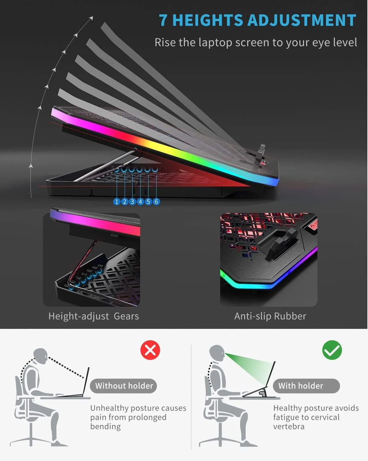 Laptop Cooling Pad, Keibn RGB Lights Laptop Cooler 6 Fans for 15.6-17.3 Inch Laptops, 7 Height Stands, 10 Modes Light, 2 USB Ports, Desk or Lap Use (A8,Red)