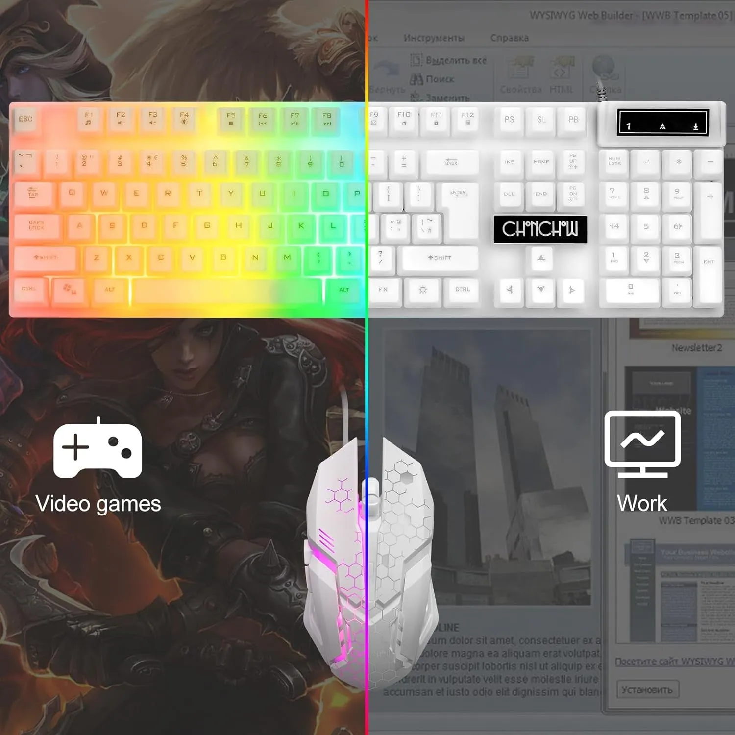 LED Keyboard and Mouse, 104 Keys Rainbow Backlit Keyboard and 7 Color RGB Mouse, White Gaming Keyboard and Mouse Combo for PC Laptop Xbox PS4 Gamers and Work