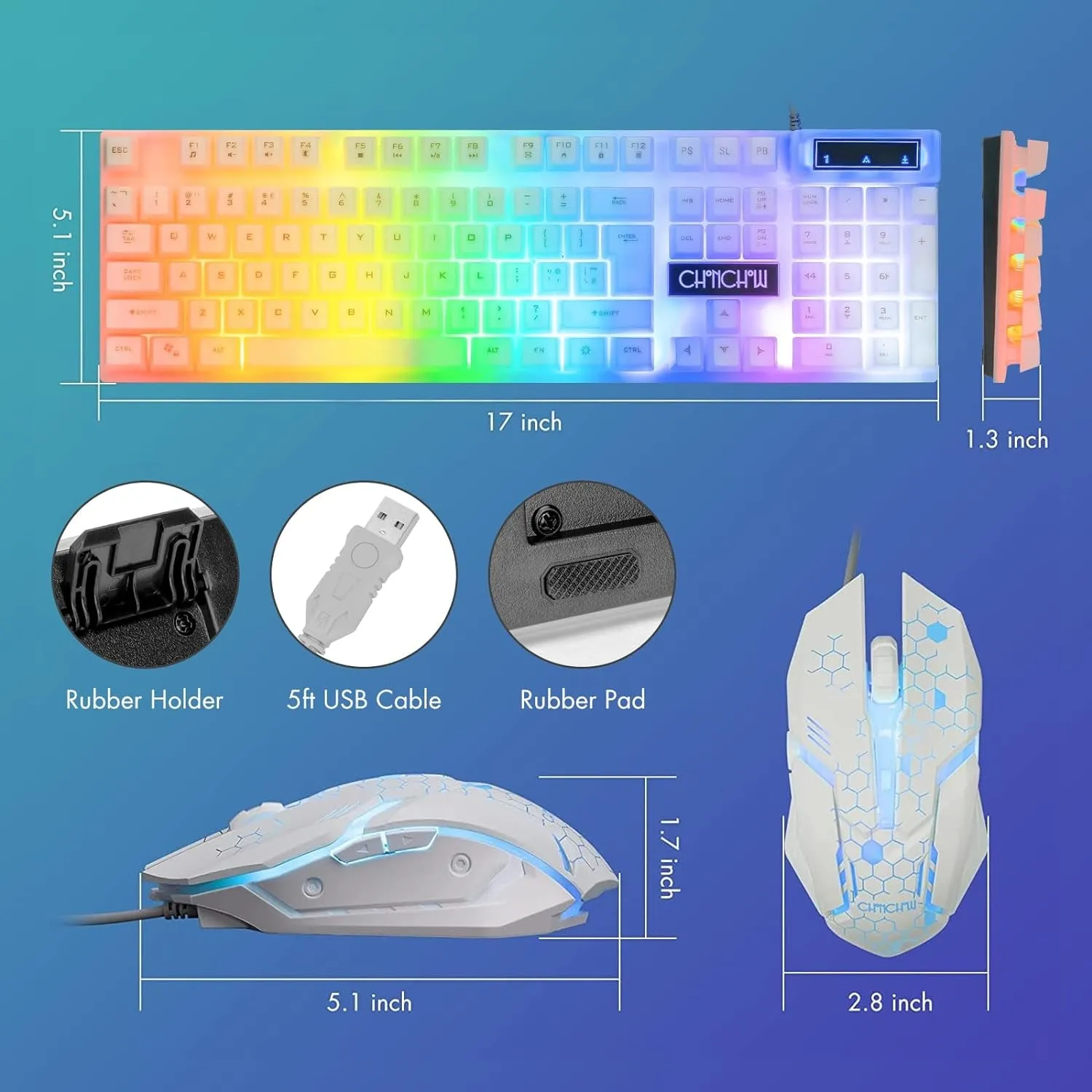 LED Keyboard and Mouse, 104 Keys Rainbow Backlit Keyboard and 7 Color RGB Mouse, White Gaming Keyboard and Mouse Combo for PC Laptop Xbox PS4 Gamers and Work
