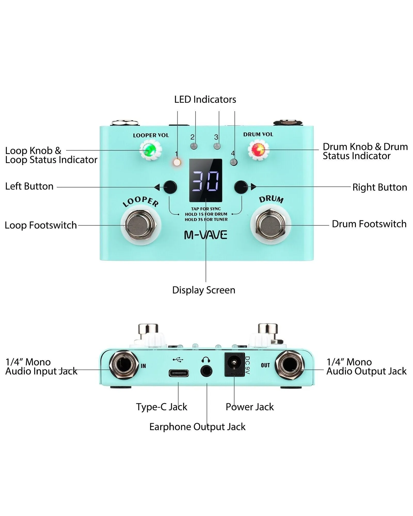 M-VAVE LOSTTEMPO Mini 2-in-1 Looper & Drum Beat Rhythm, Guitar Effects Pedal