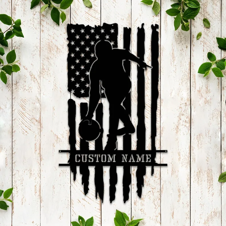 Personalized Bowling With American Flag Metal Wall Art - Metal Signs For Bowling Lover - Game Room Decor