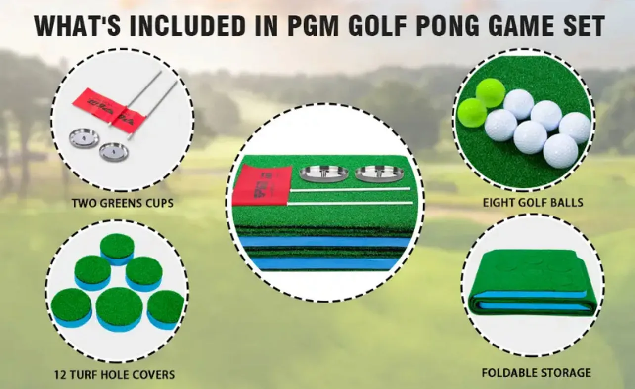 PGM Golf Pong Game Set | Putting Mat With 2 End Rectangle Ball Catch, 8 Golf Balls, 2 Golf Cups & Flags, 1 Portable Bag | Professional Quality | Portable Indoor & Outdoor Use | 17.7” x 137.8” (Putters Not Included)
