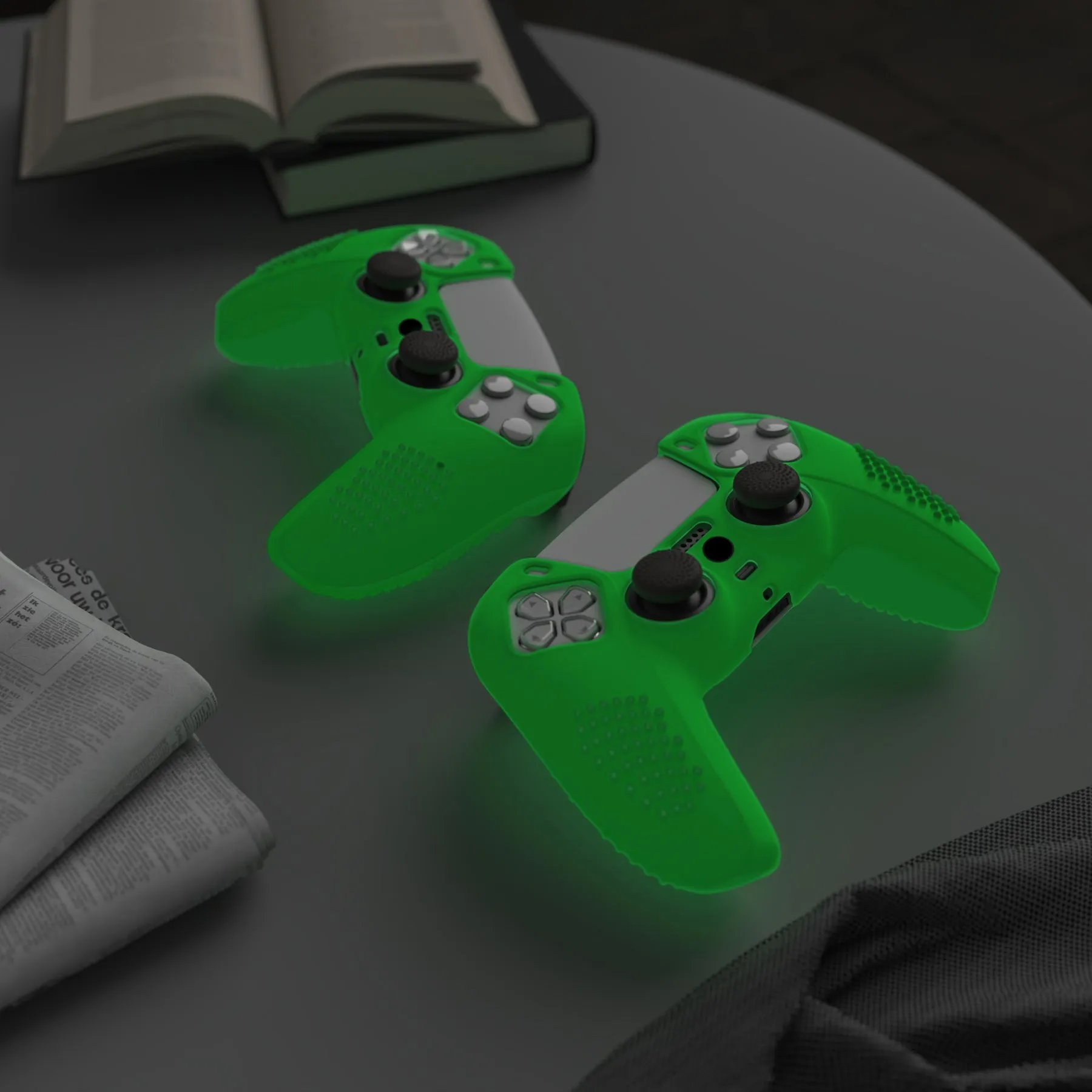 PlayVital 3D Studded Glow in Dark - Green Ergonomic Soft Controller Silicone Case Grips for PS5, Rubber Protector Skins with 6 Clear White Thumbstick Caps for PS5 Controller - TDPF027