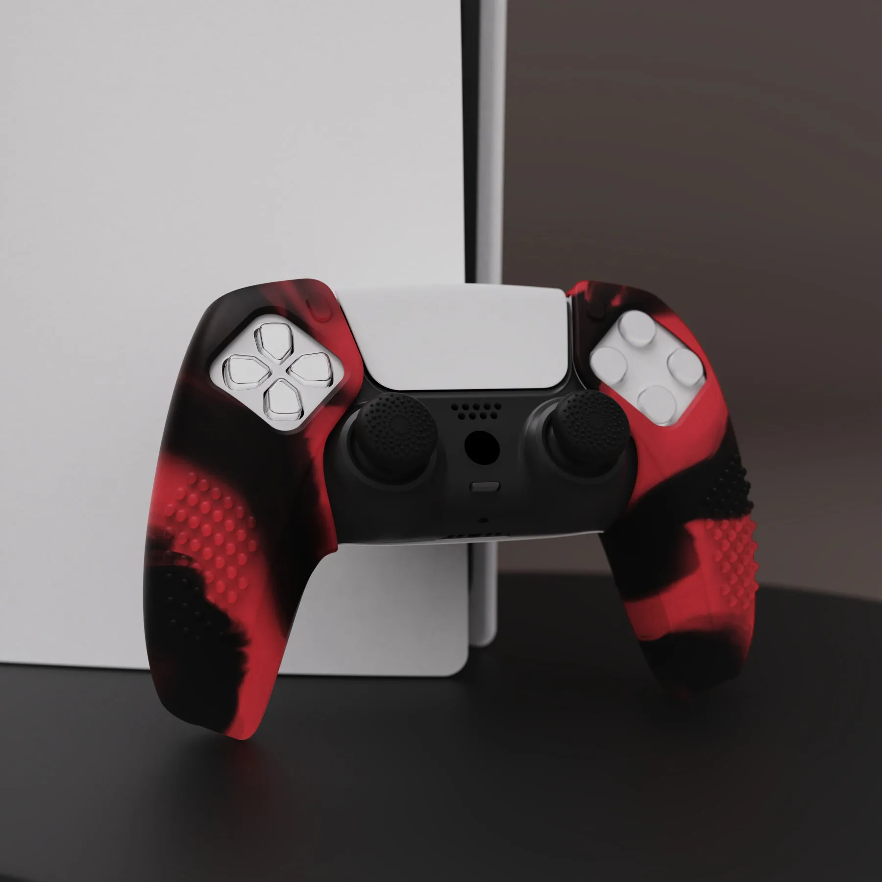 PlayVital 3D Studded Red & Black Ergonomic Soft Controller Silicone Case Grips for PS5, Rubber Protector Skins with 6 Black Thumbstick Caps for PS5 Controller - Compatible with Charging Station - TDPF039