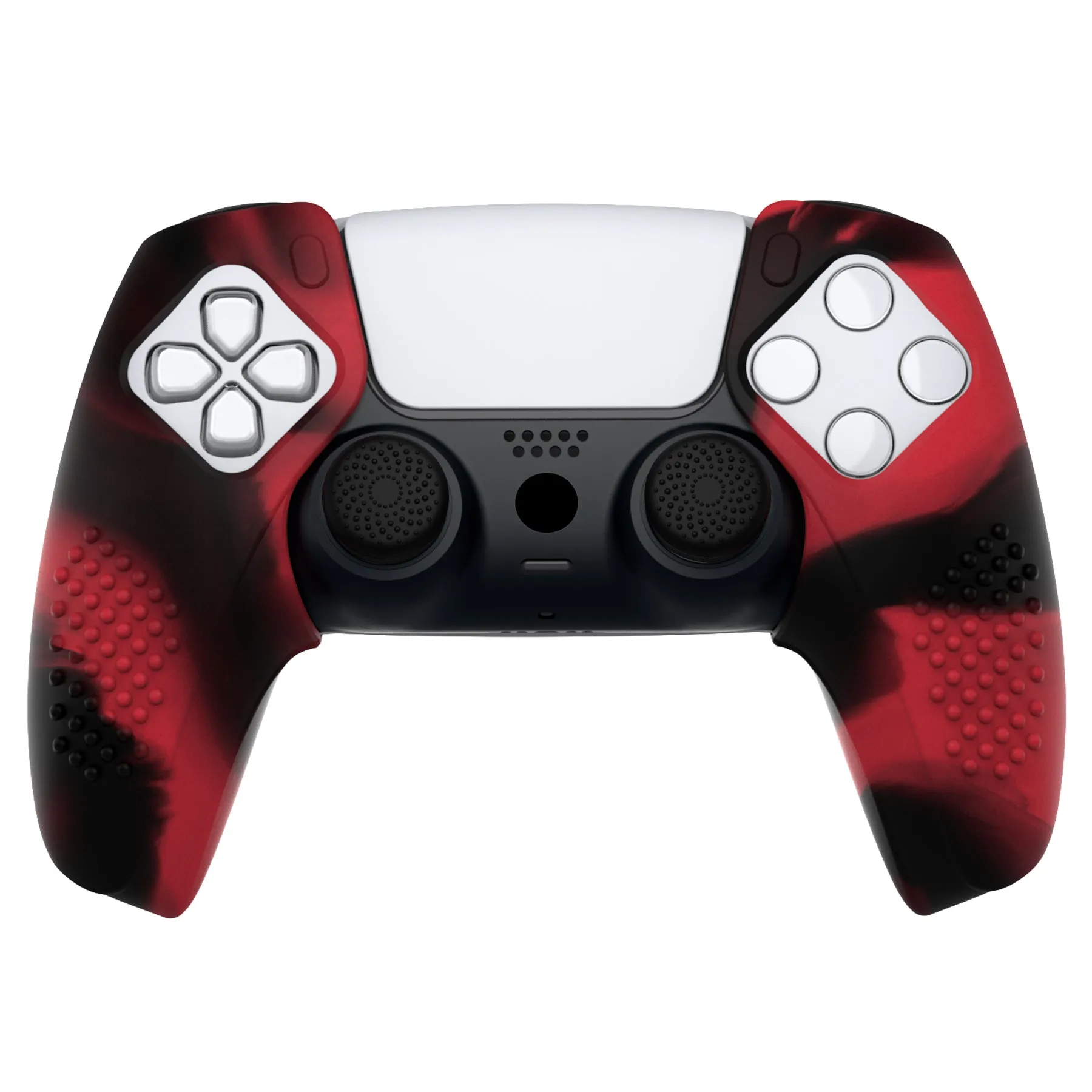 PlayVital 3D Studded Red & Black Ergonomic Soft Controller Silicone Case Grips for PS5, Rubber Protector Skins with 6 Black Thumbstick Caps for PS5 Controller - Compatible with Charging Station - TDPF039
