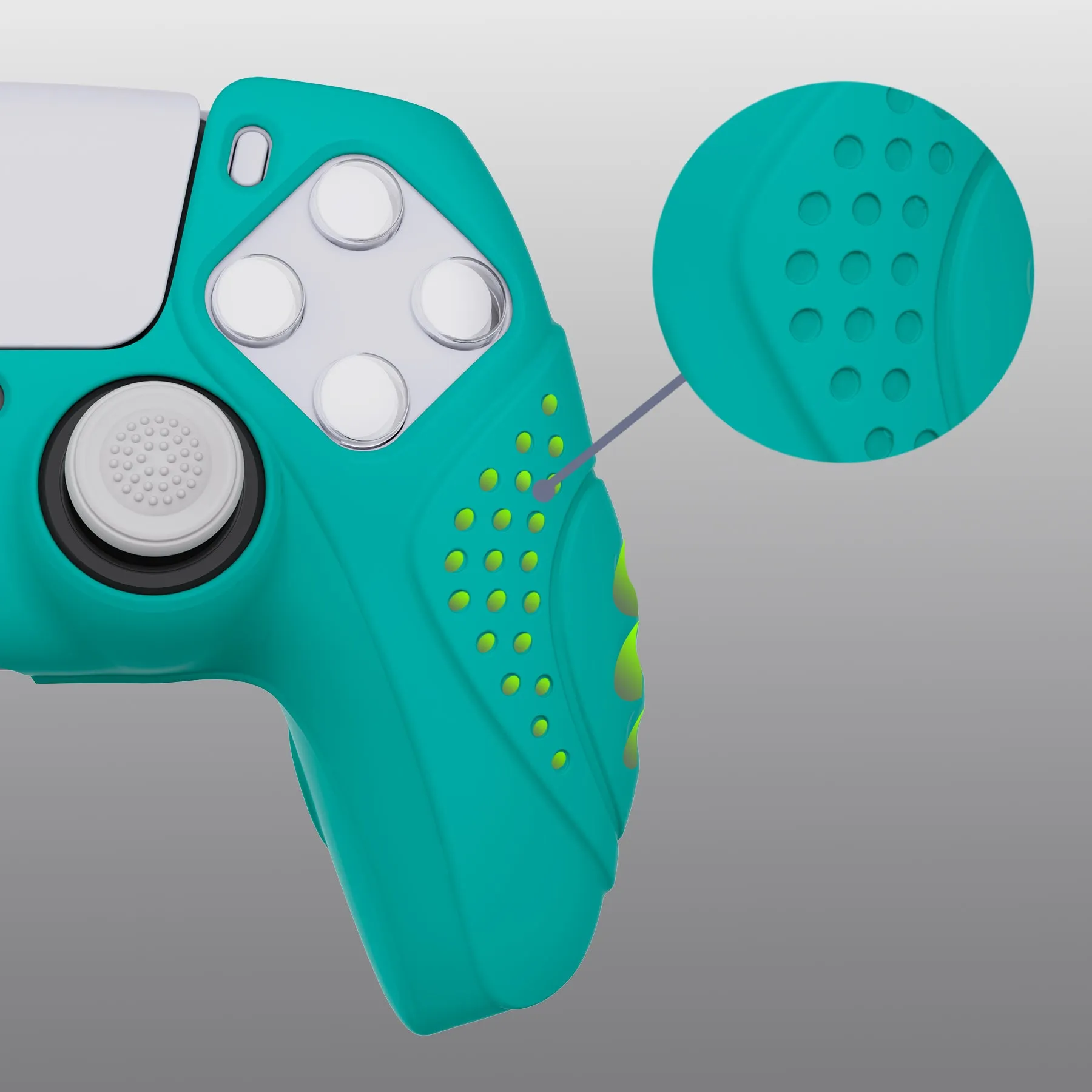PlayVital Guardian Edition Aqua Green Ergonomic Soft Anti-slip Controller Silicone Case Cover, Rubber Protector Skins with White Joystick Caps for PS5 Controller - YHPF010