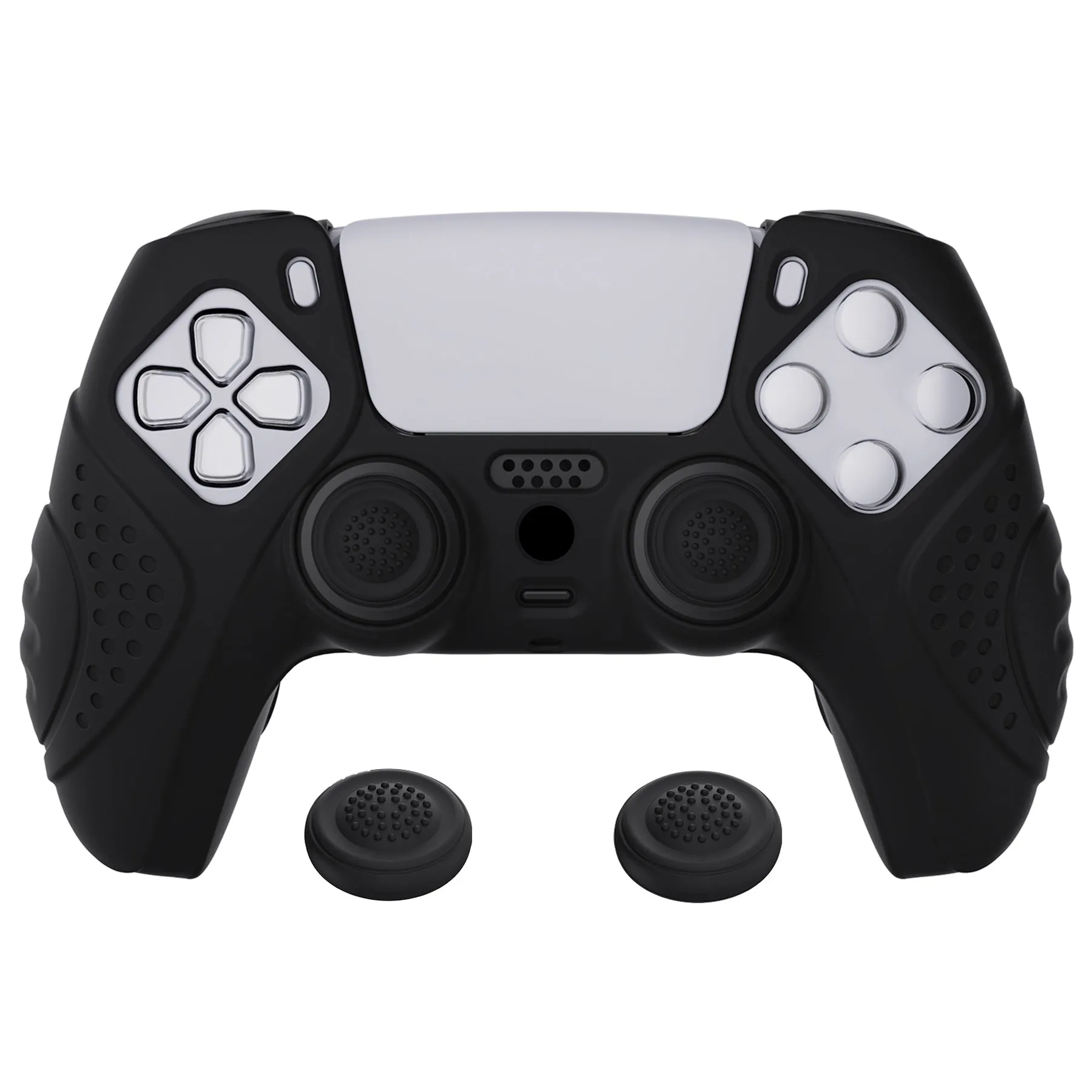 PlayVital Guardian Edition Black Ergonomic Soft Anti-slip Controller Silicone Case Cover, Rubber Protector Skins with Black Joystick Caps for PS5 Controller - YHPF001