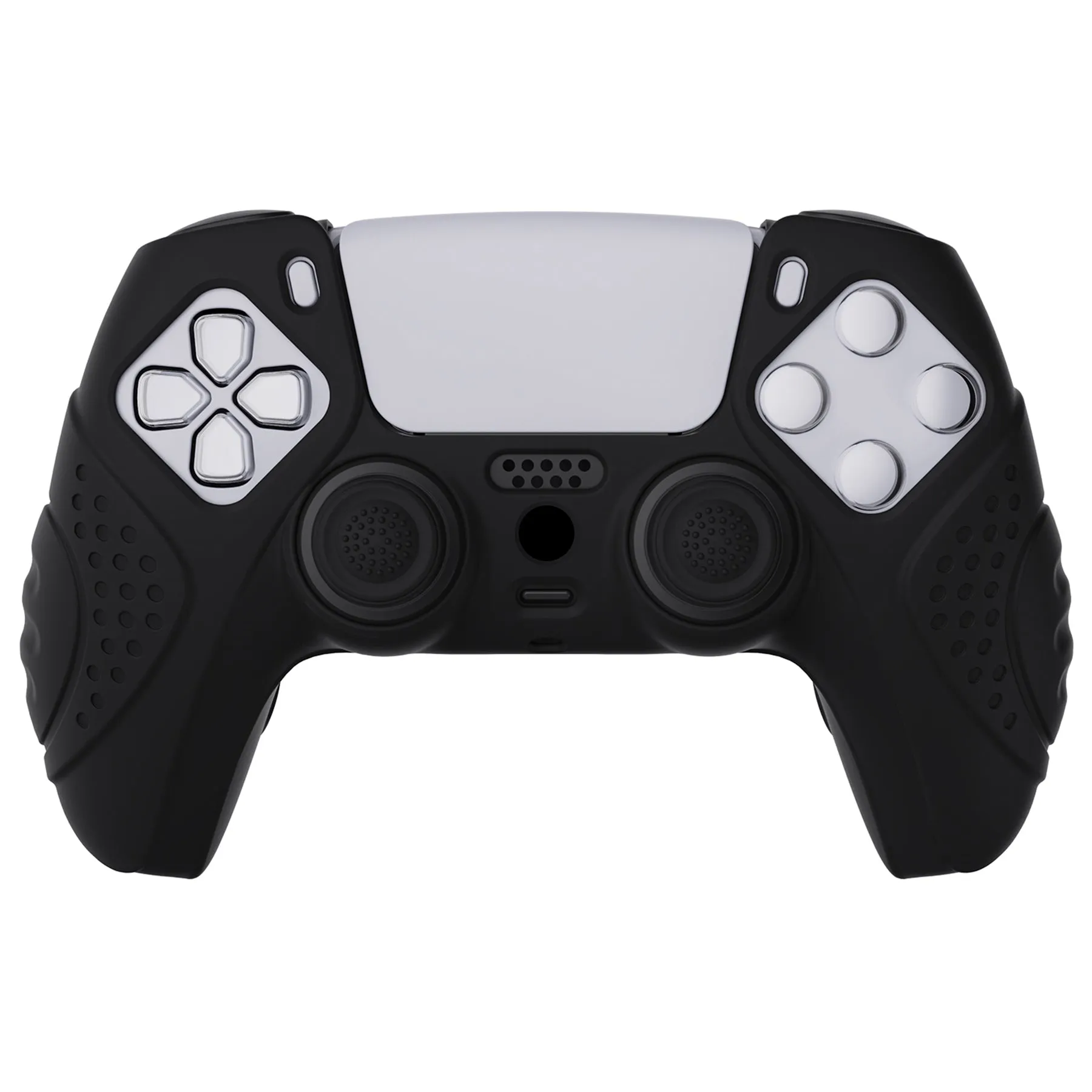 PlayVital Guardian Edition Black Ergonomic Soft Anti-slip Controller Silicone Case Cover, Rubber Protector Skins with Black Joystick Caps for PS5 Controller - YHPF001