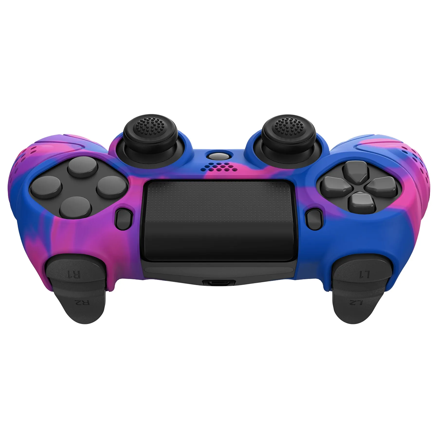 PlayVital Guardian Edition Pink & Purple & Blue Ergonomic Soft Anti-Slip Controller Silicone Case Cover for PS4, Rubber Protector Skins with black Joystick Caps for PS4 Slim PS4 Pro Controller - P4CC0072