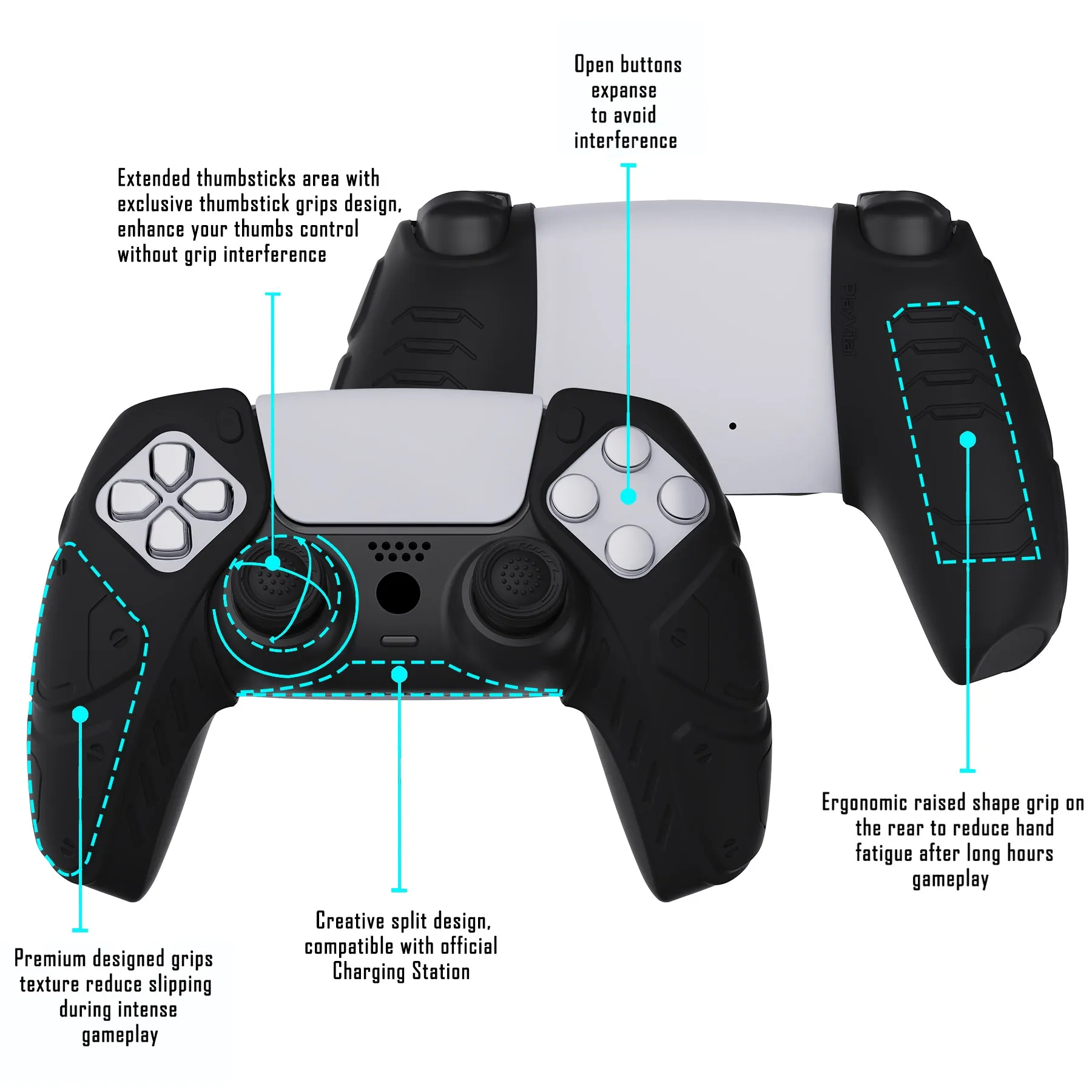 PlayVital Mecha Edition Black Ergonomic Soft Controller Silicone Case Grips for PS5 Controller, Rubber Protector Skins with Thumbstick Caps for PS5 Controller – Compatible with Charging Station - JGPF001