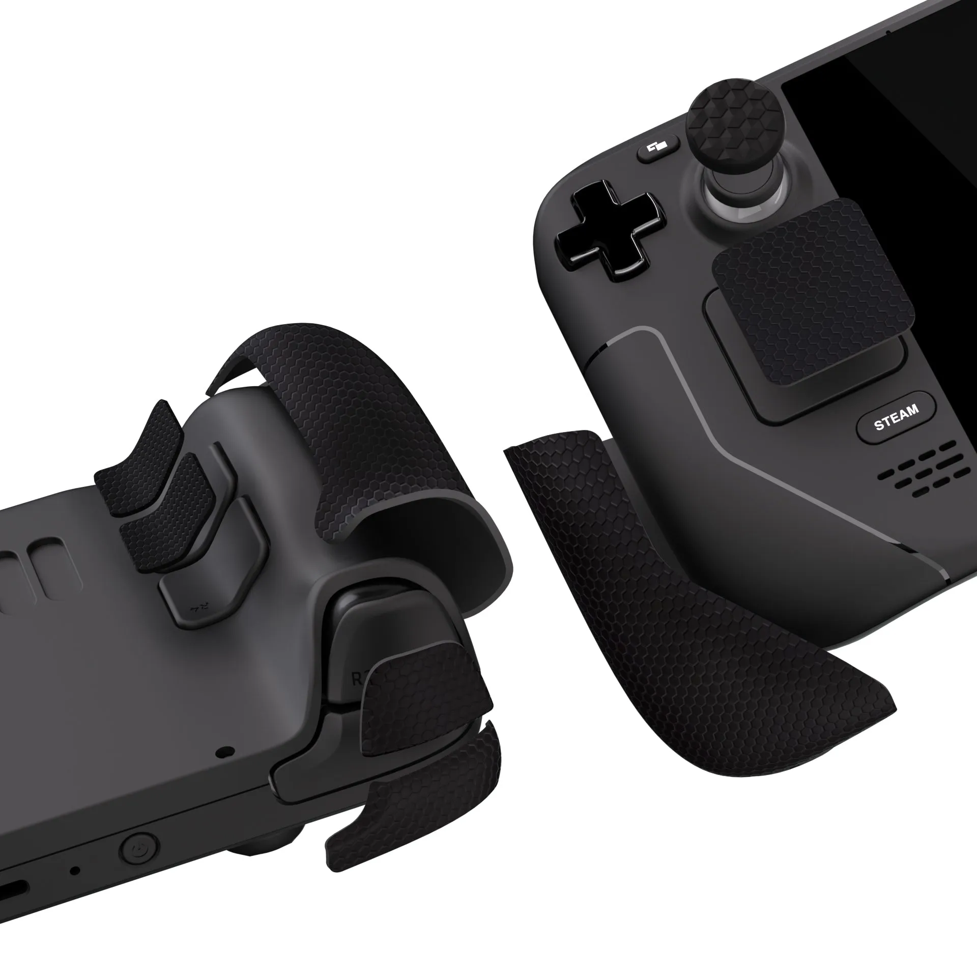 PlayVital Professional Textured Soft Rubber Pads Handle Grips for Steam Deck LCD & OLED, Trackpads Skin Grip Enhancement Back Button Protective Stickers Set with Thumb Grip Caps - Honeycomb Textured Black - FHSDM001