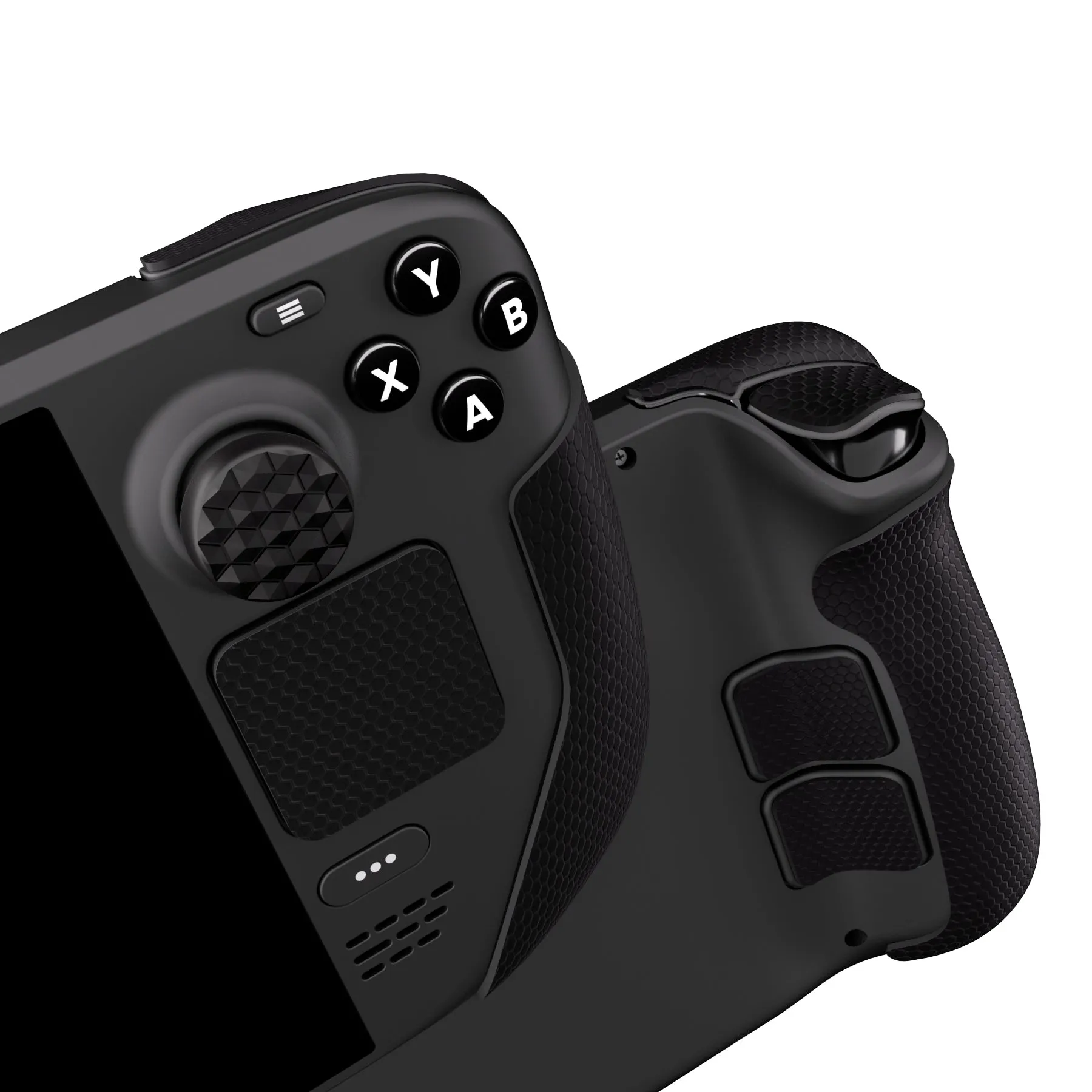 PlayVital Professional Textured Soft Rubber Pads Handle Grips for Steam Deck LCD & OLED, Trackpads Skin Grip Enhancement Back Button Protective Stickers Set with Thumb Grip Caps - Honeycomb Textured Black - FHSDM001