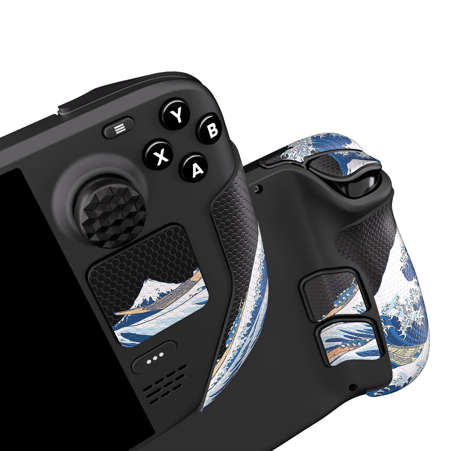 PlayVital Professional Textured Soft Rubber Pads Handle Grips for Steam Deck LCD & OLED, Trackpads Skin Grip Enhancement Back Button Protective Stickers Set with Thumb Grip Caps - The Great Wave - FHSDV004