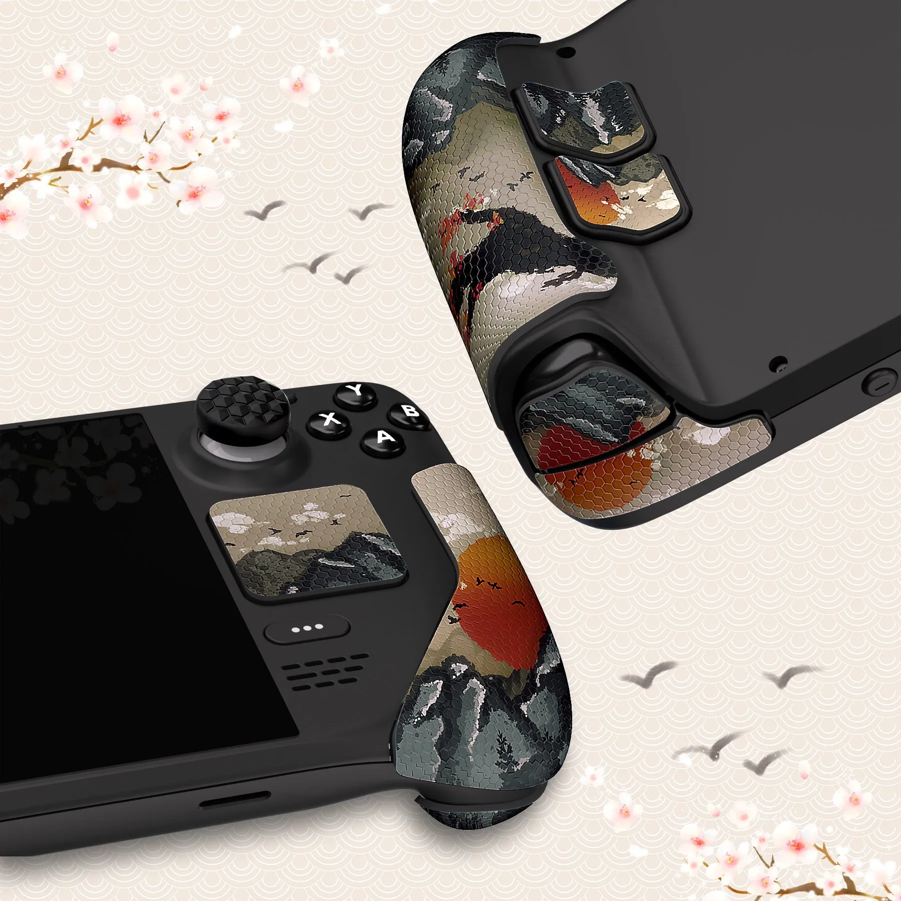 PlayVital Professional Textured Soft Rubber Pads Handle Grips for Steam Deck LCD & OLED, Trackpads Skin Grip Enhancement Back Button Protective Stickers Set with Thumb Grip Caps - View of Rising Sun - FHSDV002