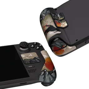 PlayVital Professional Textured Soft Rubber Pads Handle Grips for Steam Deck LCD & OLED, Trackpads Skin Grip Enhancement Back Button Protective Stickers Set with Thumb Grip Caps - View of Rising Sun - FHSDV002