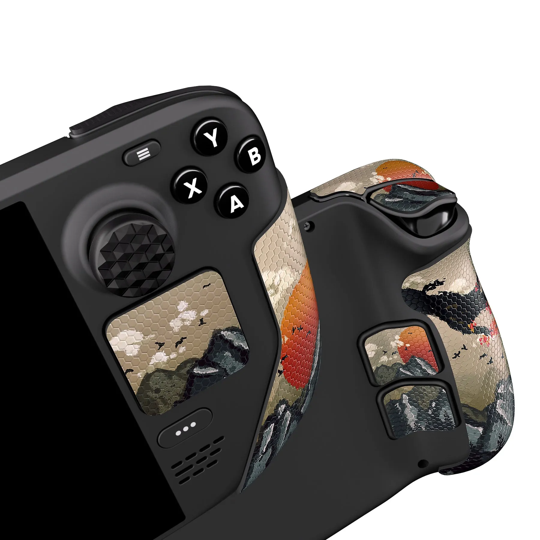PlayVital Professional Textured Soft Rubber Pads Handle Grips for Steam Deck LCD & OLED, Trackpads Skin Grip Enhancement Back Button Protective Stickers Set with Thumb Grip Caps - View of Rising Sun - FHSDV002