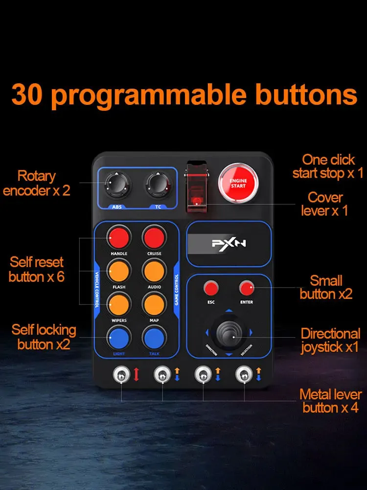 PXN CB1 Simulator Race Central Control Box 30Programmable Button Linkage Lever One Click Start Stop RGB Panel for PC Xbox Switch