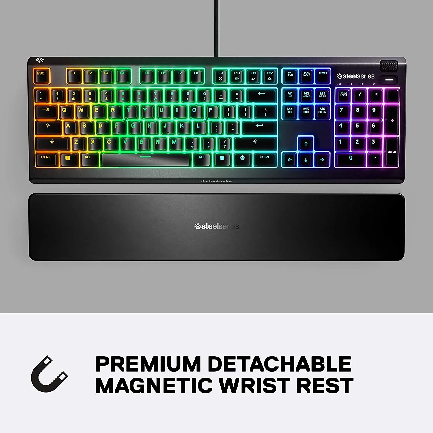 SteelSeries Keyboard Apex 3 RGB Gaming Keyboard – 10-Zone RGB Illumination – IP32 Water Resistant – Premium Magnetic Wrist Rest (Whisper Quiet Gaming Switch)