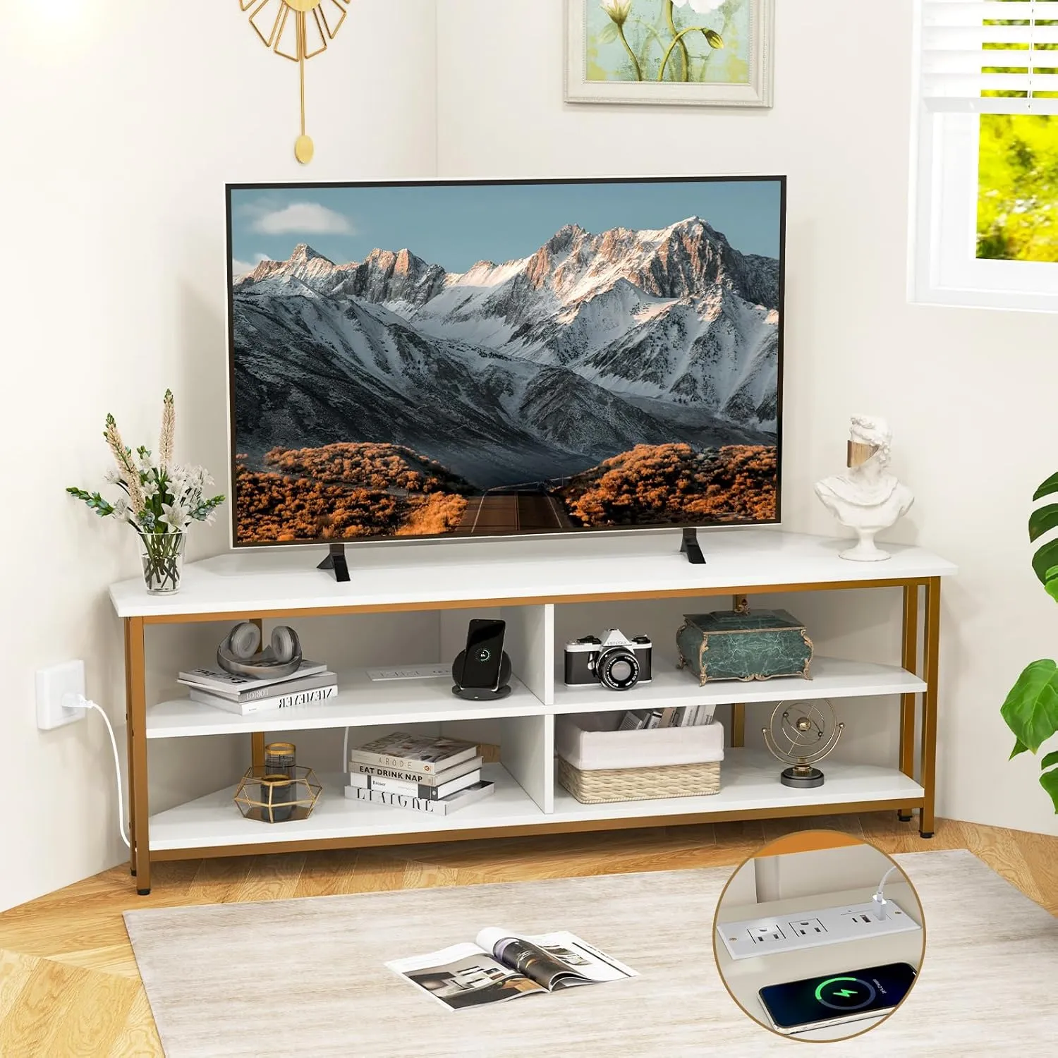Tangkula Corner TV Stand for TVs up to 65”, TV Console Table w/AC Outlets, USB A Ports, USB C Port