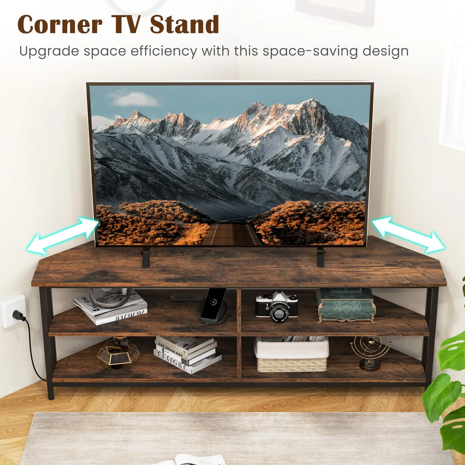 Tangkula Corner TV Stand for TVs up to 65”, TV Console Table w/AC Outlets, USB A Ports, USB C Port