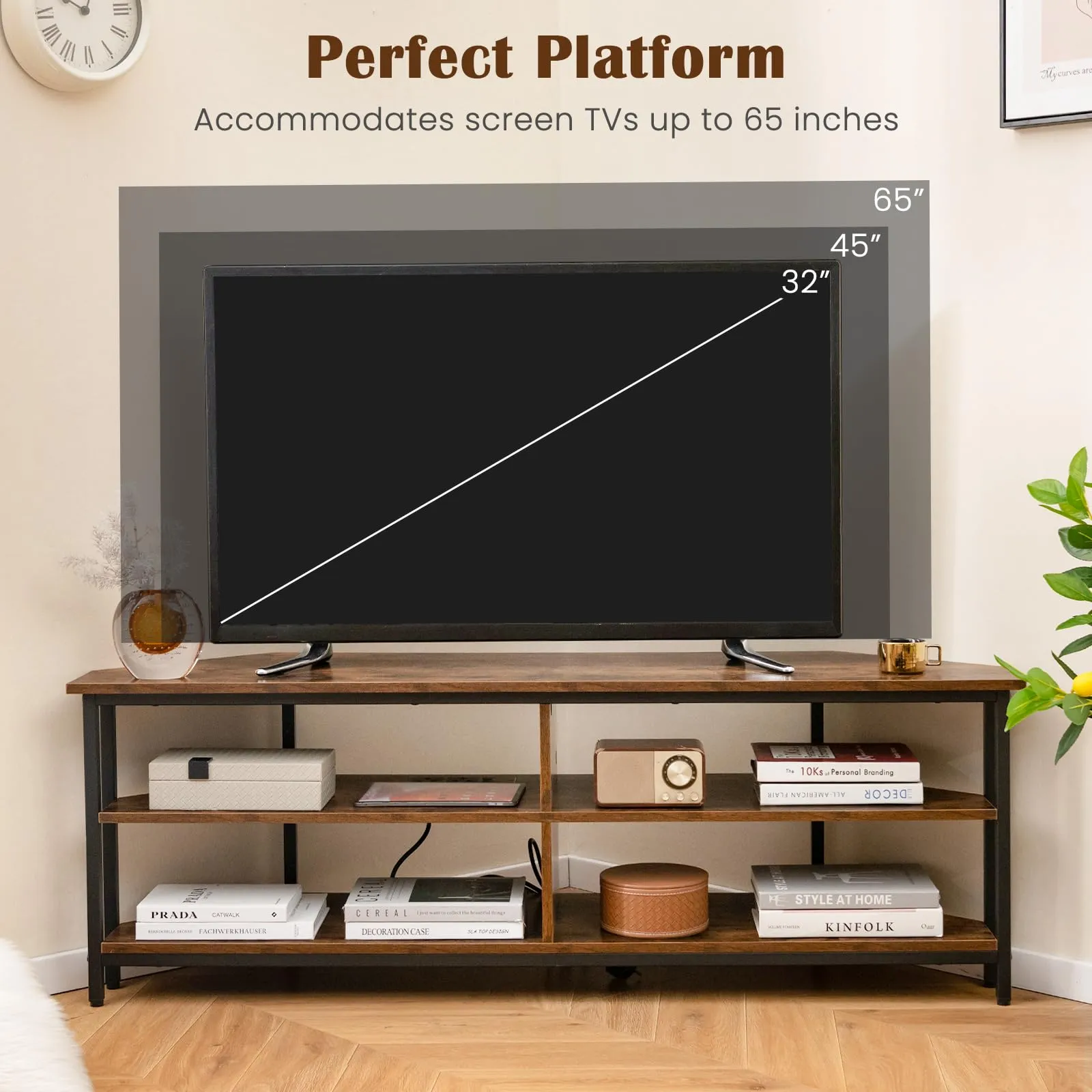 Tangkula Corner TV Stand for TVs up to 65”, TV Console Table w/AC Outlets, USB A Ports, USB C Port