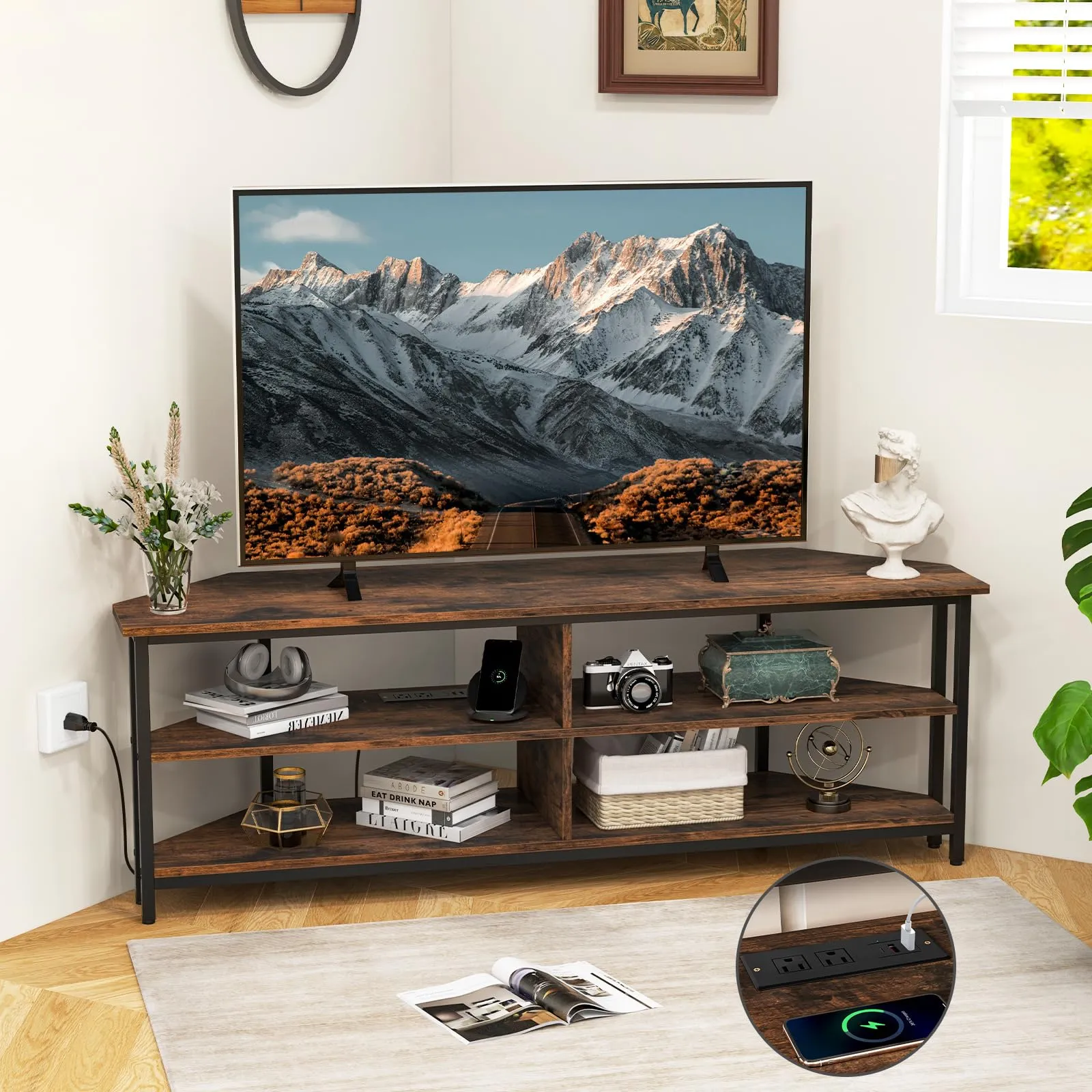 Tangkula Corner TV Stand for TVs up to 65”, TV Console Table w/AC Outlets, USB A Ports, USB C Port