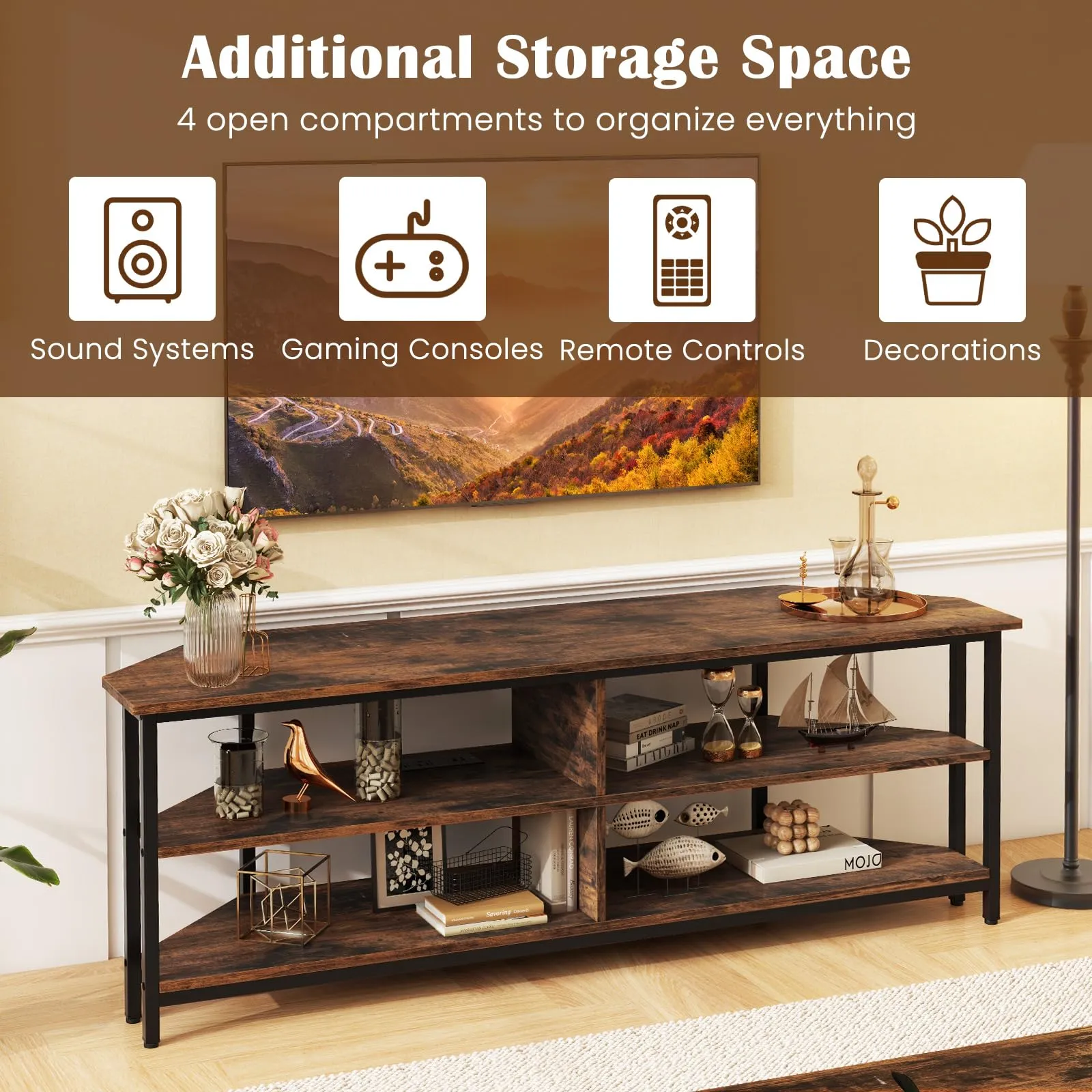 Tangkula Corner TV Stand for TVs up to 65”, TV Console Table w/AC Outlets, USB A Ports, USB C Port