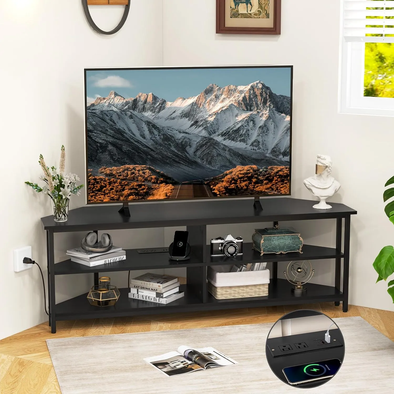 Tangkula Corner TV Stand for TVs up to 65”, TV Console Table w/AC Outlets, USB A Ports, USB C Port