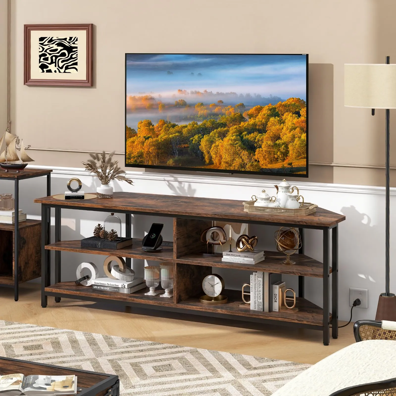 Tangkula Corner TV Stand for TVs up to 65”, TV Console Table w/AC Outlets, USB A Ports, USB C Port