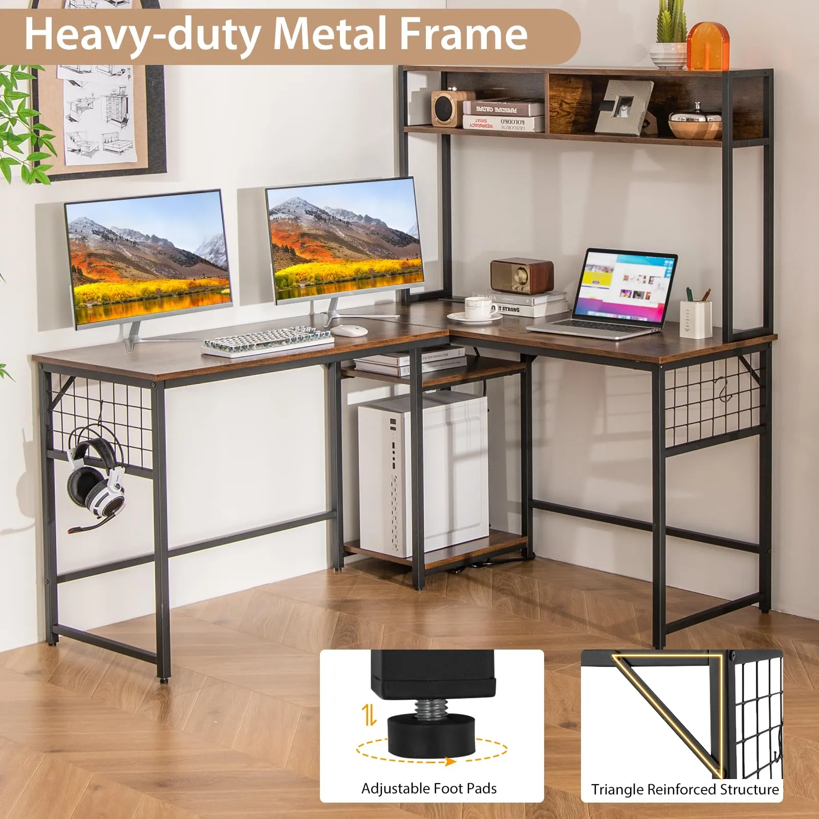 Tangkula L-Shaped Desk with Power Outlet, Large Corner Desk Converts to 2-Person Long Desk with Hutch
