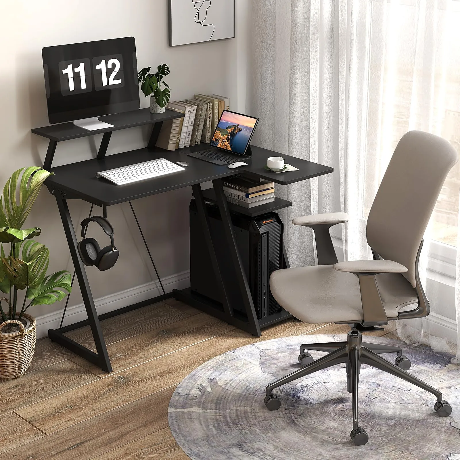 Tangkula L Shaped Gaming Desk with Power Outlets, Small Gaming Computer Desk 39inch with Storage Shelf