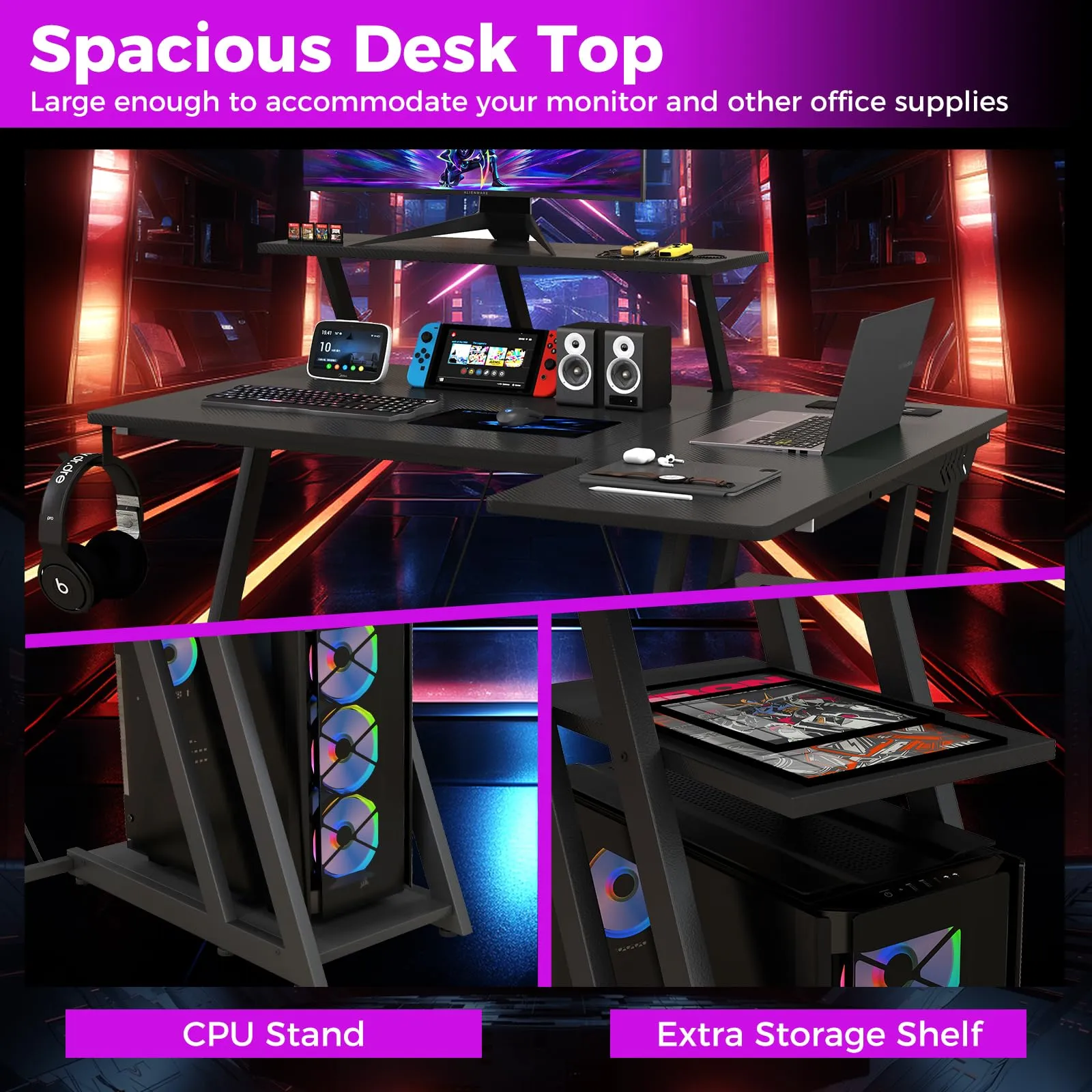 Tangkula L Shaped Gaming Desk with Power Outlets, Small Gaming Computer Desk 39inch with Storage Shelf