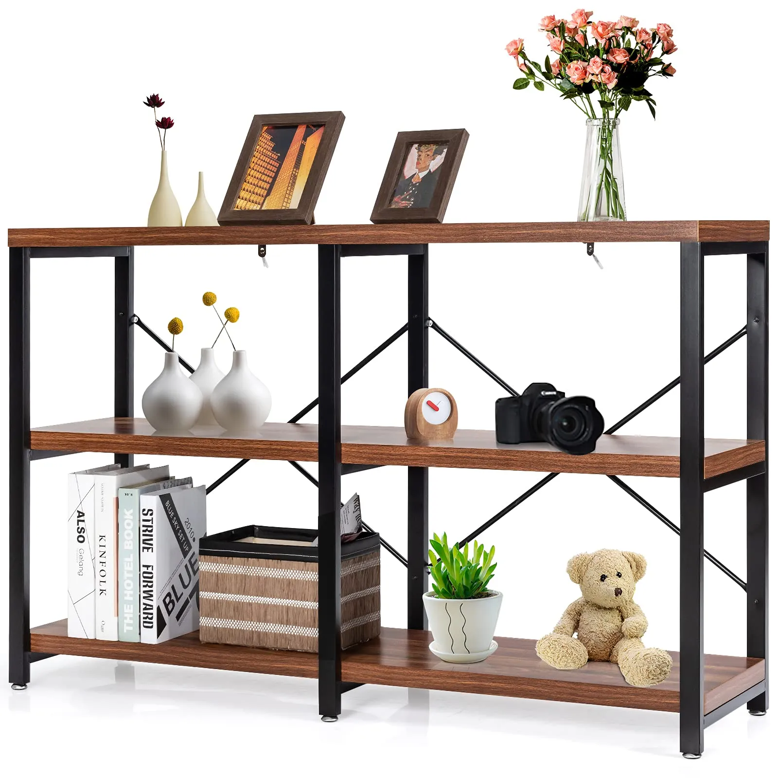 Tangkula Rustic Console Sofa Table, 3 Tier Console Table with Shelves, Industrial Foyer Table with Adjustable Feet, Living Room TV Stand