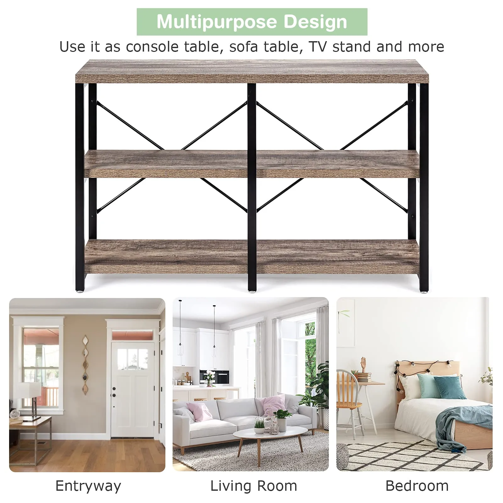 Tangkula Rustic Console Sofa Table, 3 Tier Console Table with Shelves, Industrial Foyer Table with Adjustable Feet, Living Room TV Stand