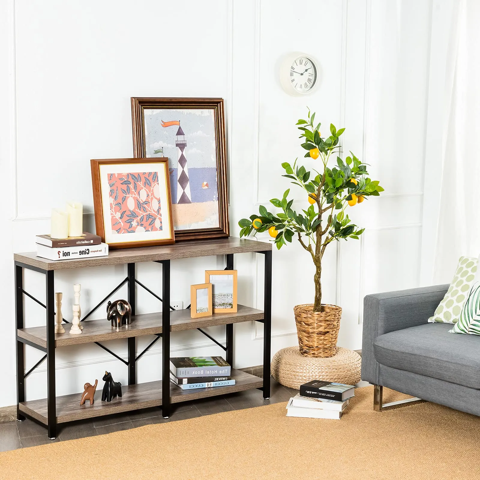 Tangkula Rustic Console Sofa Table, 3 Tier Console Table with Shelves, Industrial Foyer Table with Adjustable Feet, Living Room TV Stand